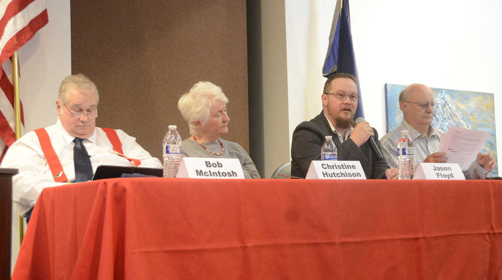 Photo by Megan Pacer/Peninsula Clarion Kenai City Council candidate James Glendening speaks to a small crowd Wednesday at a candidate forum at the Kenai Chamber of Commerce and Visitor Center in Kenai, Alaska. Glendening is one of five vying for the council's two open seats that will be filled during the upcoming Oct. 4 election.