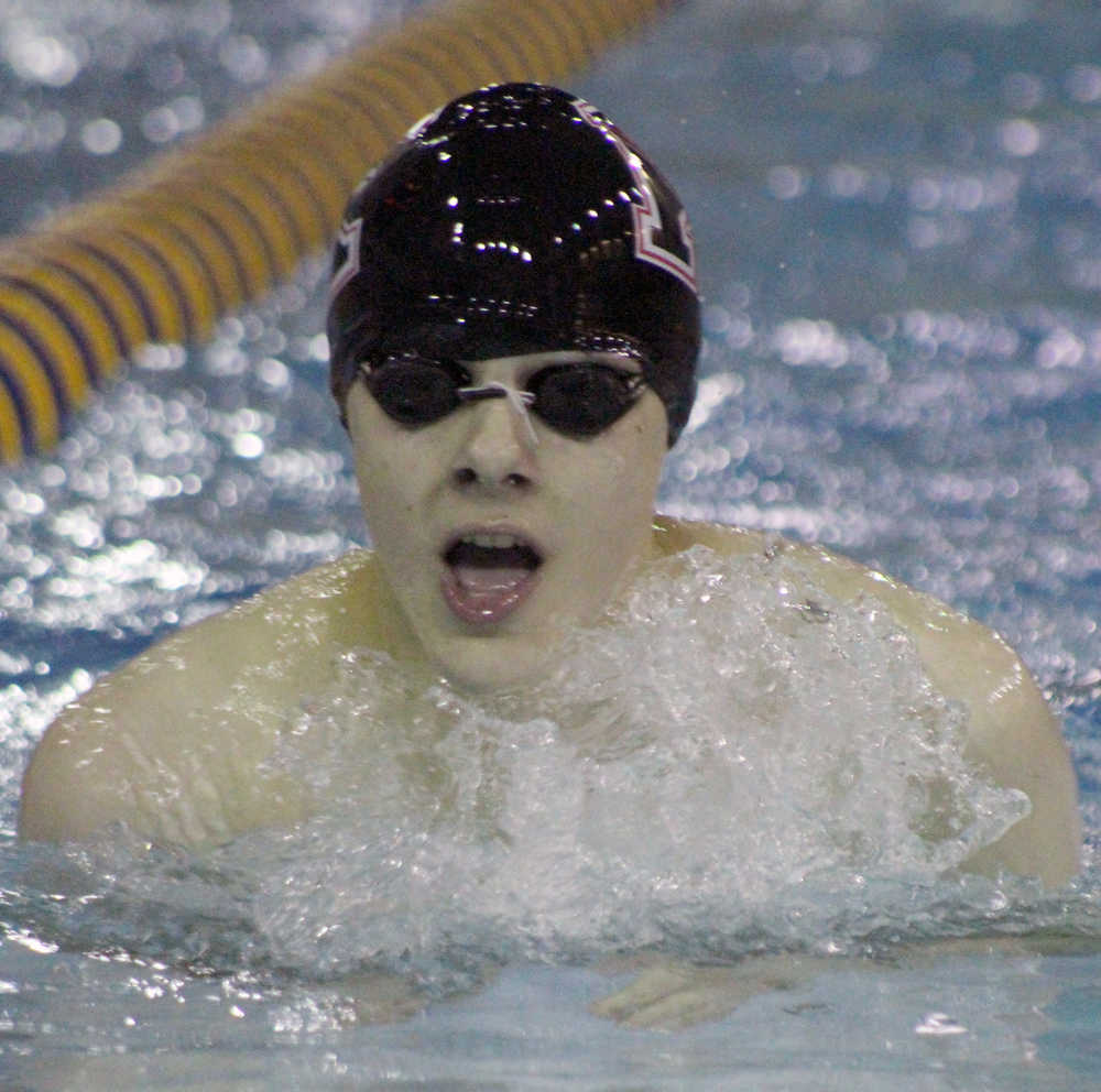 Reese Hunter of Kenai Central High School swims the breaststroke in the boys 200-yard IM at the Homer Invite on Saturday, Sept. 10, in Homer.