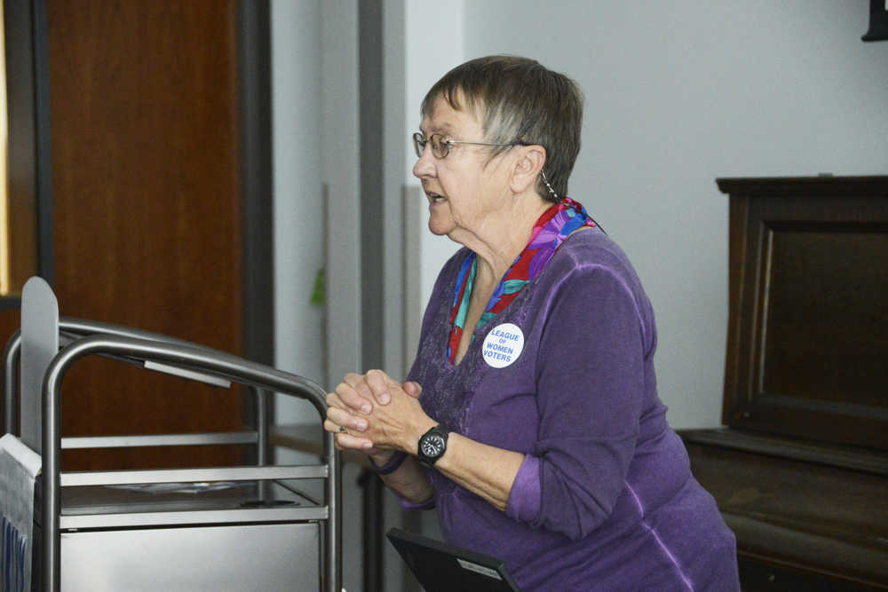 Photo by Megan Pacer/Peninsula Clarion Sammy Crawford speaks to a crowd about her trip through six countries along a portion of the Silk Road during a presentation Friday, Sept. 9, 2016 at the Joyce K. Carver Memorial Library in Soldotna, Alaska.