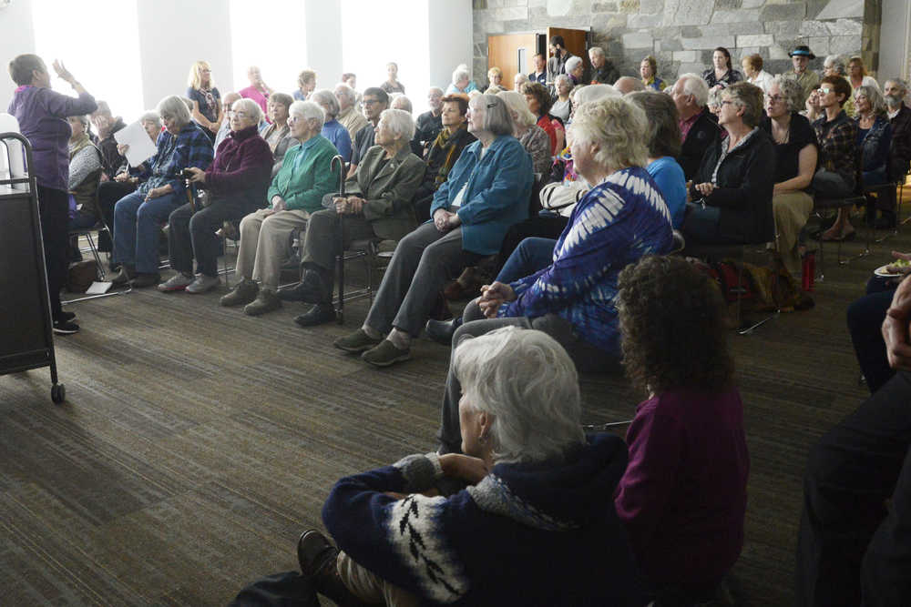 Photo by Megan Pacer/Peninsula Clarion A crows of area residents packs into a room, leaving standing room only, to hear Sammy Crawford speak about her travels through six countries along a portion of the Silk Road during a presentation Friday, Sept. 9, 2016 at the Joyce K. Carver Memorial Library in Soldotna, Alaska.