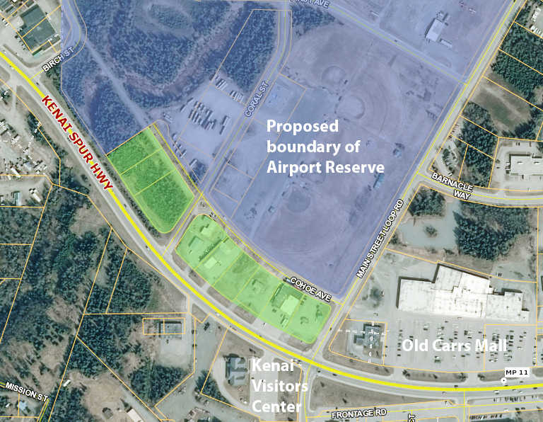 Courtesy of Kenai Peninsula Borough/Modified by Peninsula Clarion This map from the Kenai Peninsula Borough parcel viewer shows the proposed boundary of the Airport Reserve - land legally dedicated to the Kenai Municipal Airport - shaded in blue.  The present Airport Reserve also includes the nine lots shaded in green, most of which belong to the city of Kenai but could be sold into private hands if the Airport Reserve is moved. The Kenai Planning and Zoning Commission unanimously endorsed the move at their Wednesday meeting, and the  Kenai City Council will hold a hearing and vote on it in the future.