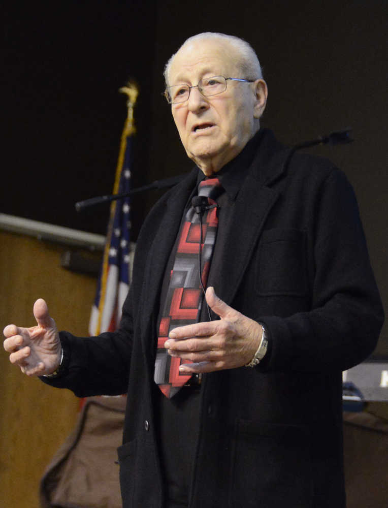 Photo by Megan Pacer/Peninsula Clarion Irving Roth, an 87-year-old survivor of the Holocaust who speaks around the world, tells his story to a crowd of people Tuesday, Sept. 20, 2016 at the New Life Assembly of God in Kenai, Alaska.