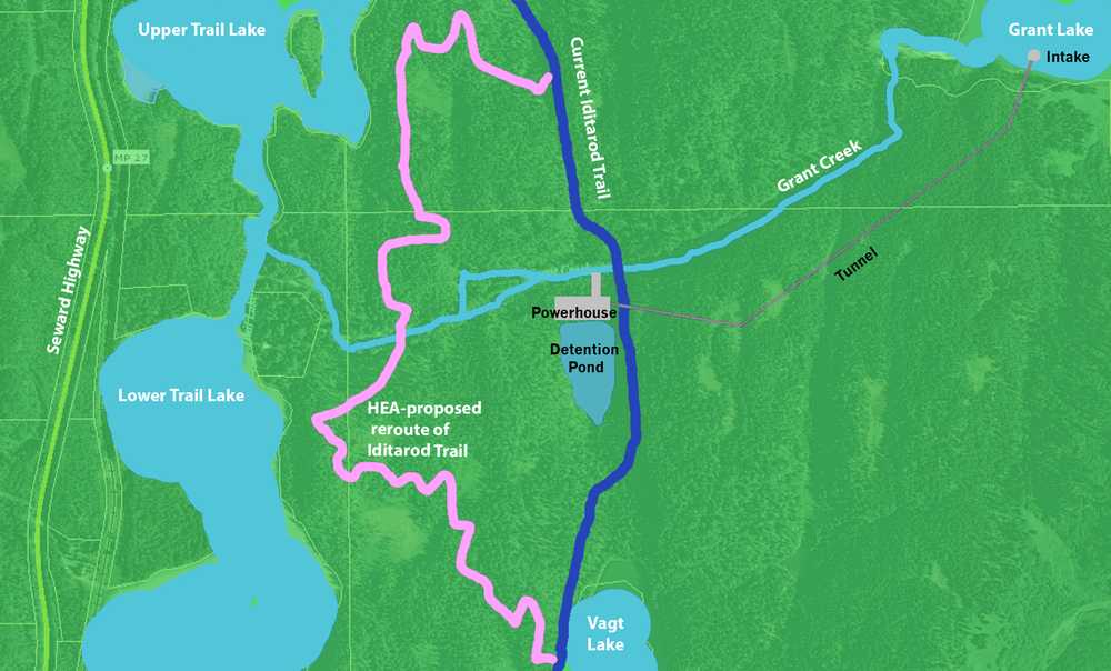 Graphic by Ben Boettger/Peninsula Clarion This map, taken from the Kenai Peninsula Borough Parcel Viewer and modified by the Peninsula Clarion with information from Homer Electric Association's Federal Energy Regulatory Commission license application for the Grant Lake Hydroelectric project, shows the existing route of the Iditarod National Historic Trail in blue and HEA's proposed reroute of the trail in pink, as well as the powerhouse and water-diversion tunnel HEA plans to build.
