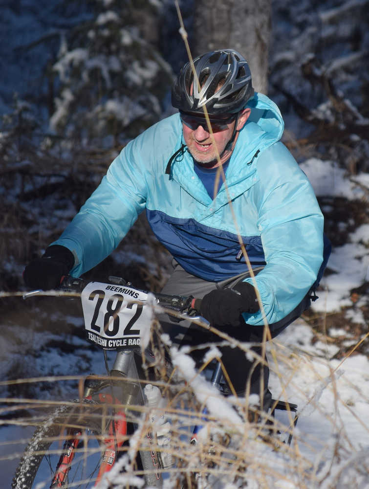 Photo by Joey Klecka/Peninsula Clarion Tom Seggerman rounds a bend on the Porcupline loop Saturday afternoon on the Tsalteshi Trails.