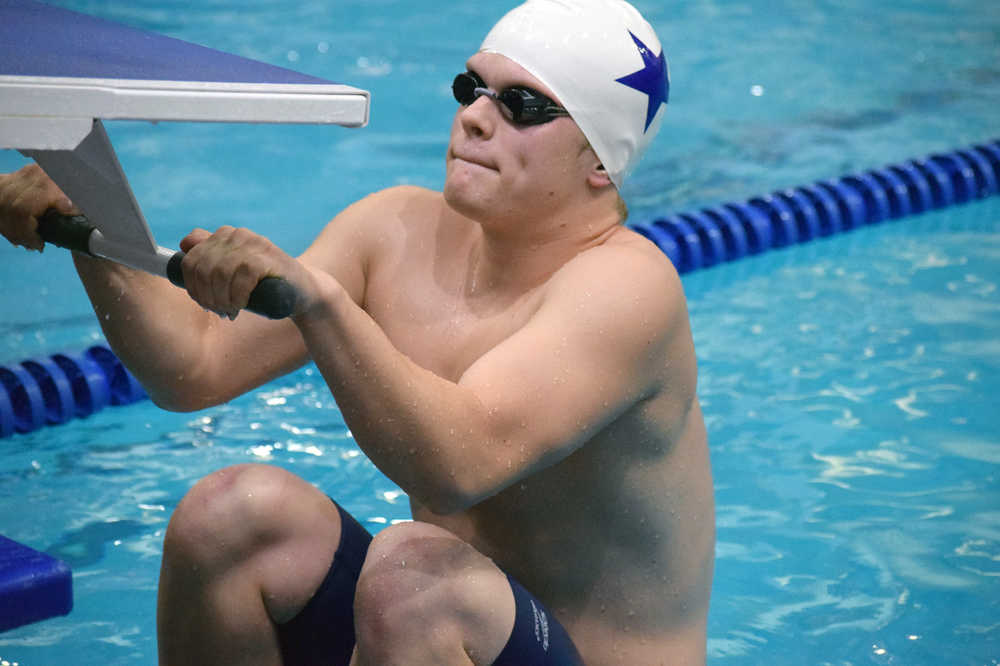 Photo by Joey Klecka/Peninsula Clarion Jacob Creglow of Soldotna awaits the starting gun in the boys backstroke event at the SoHi Pentathlon Sept. 23 at the Soldotna High School pool. Creglow is one of several SoHi boys swimmers that could qualify to state this weekend at the Region III meet in Kodiak.