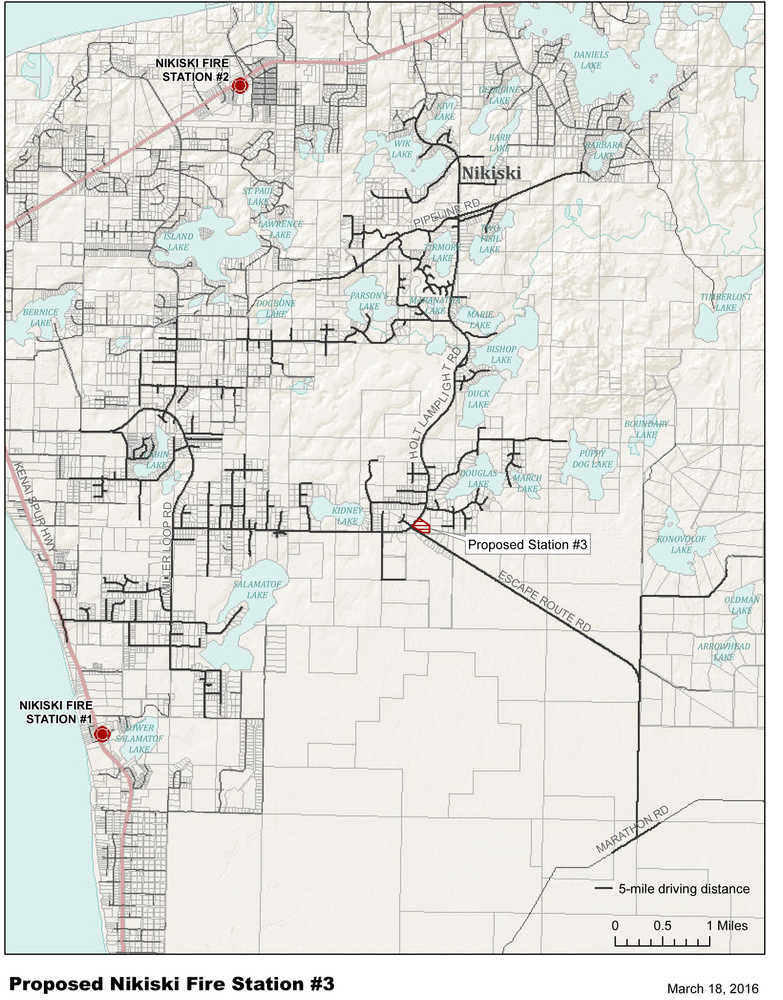 Photo courtesy Nikiski Fire Department This map provided by the Nikiski Fire Department shows the service area's two exisiting fire stations and the proposed location of a third station at the intersection of Escape Route and Holt-Lamplight Road. The station was originally planned to be built in the early 2000s but was tabled because of the economy. Now, the Nikiski Fire Service Area Advisory Board has enough money to pay for the project out of pocket.