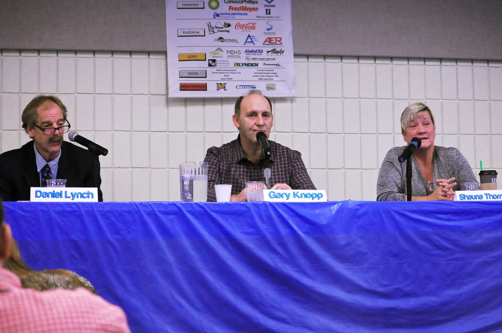 Photo by Elizabeth Earl/Peninsula Clarion The three candidates for the House of Representatives District 30 seat, nonpartisan Daniel Lynch (left), Republican Gary Knopp (center) and Democrat Shauna Thornton met for a forum at a joint Kenai and Soldotna chambers of commerce luncheon Tuesday, Nov. 1, 2016 at the Soldotna Regional Sports Complex in Soldotna, Alaska. The three and the Alaska Constitution Party's candidate, J.R. Myers, will face off Nov. 8 to replace current representative Kurt Olson.