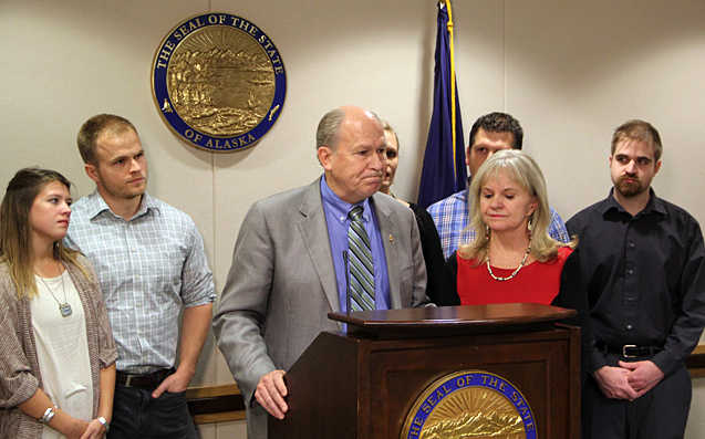 Photo by Elwood Brehmner/Alaska Journal of Commerce Surrounded by family, Gov. Bill Walker announces to Alaskans that he has been diagnosed with cancer during a briefing Friday, Nov. 4, 2016 at his office in Anchorage, Alaska.