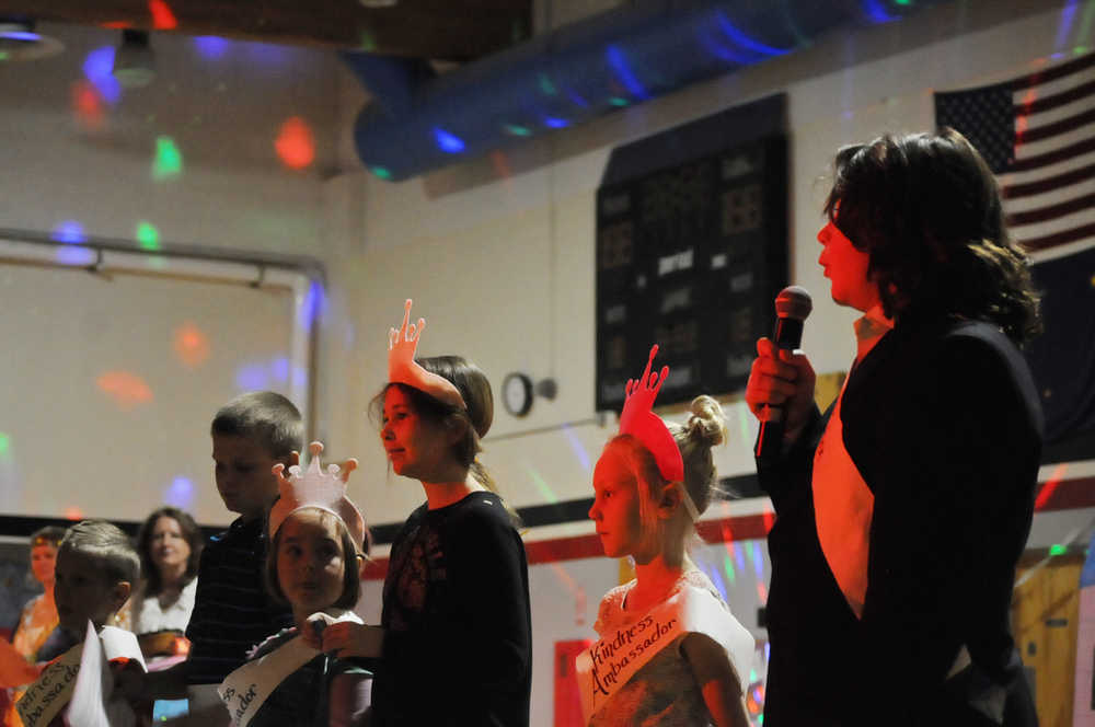 Photo by Elizabeth Earl/Peninsula Clarion Sterling Elementary School's Kindness Ambassador speak at a school assembly kicking off the school's "21 Days of Kindness" challenge. Students are challenged throughout November to perform five acts of kindness every day and write it down on slips of paper in their classrooms and in the school office. At the end of the month, the slips will be chained together and hung around the school.