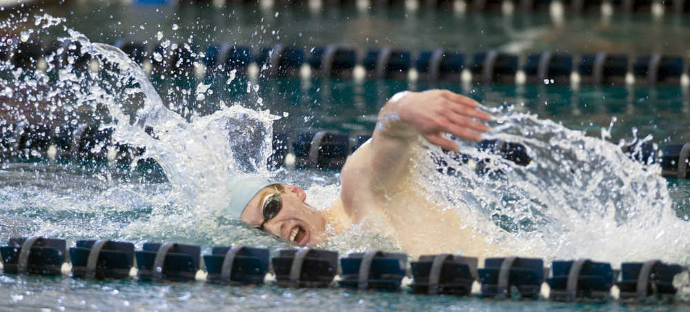 Photo by Michael Penn/Juneau Empire Soldotna's Jacob Hall swims to a second place in the boys 500-yard freestyle race during the 2016 ASAA/First National Bank Alaska Swim & Dive State Championships at the Dimond Park Aquatics Center in Juneau on Saturday, Nov. 5, 2016.