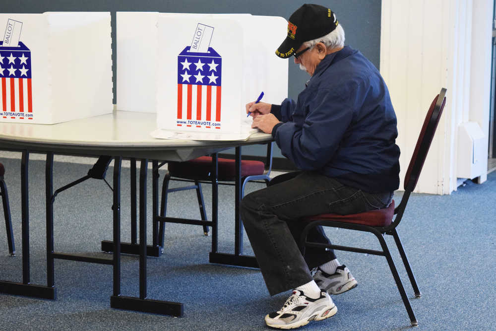 Photo by Megan Pacer/Peninsula Clarion Nikiski resident Richard Marquez casts his vote Tuesday, Nov. 8, 2016 at the North Peninsula Recreation Center in Nikiski, Alaska.