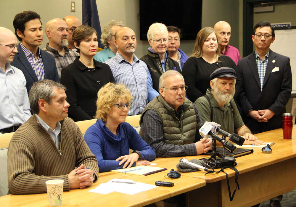 Front row, from left, Reps. Chris Tuck, Gabrielle LeDoux, Bryce Edgmon and Paul Seaton answer questions during a press conference with the new House Majority Wednesday in Anchorage. (Photo by Elwood Brehmer, Alaska Journal of Commerce)