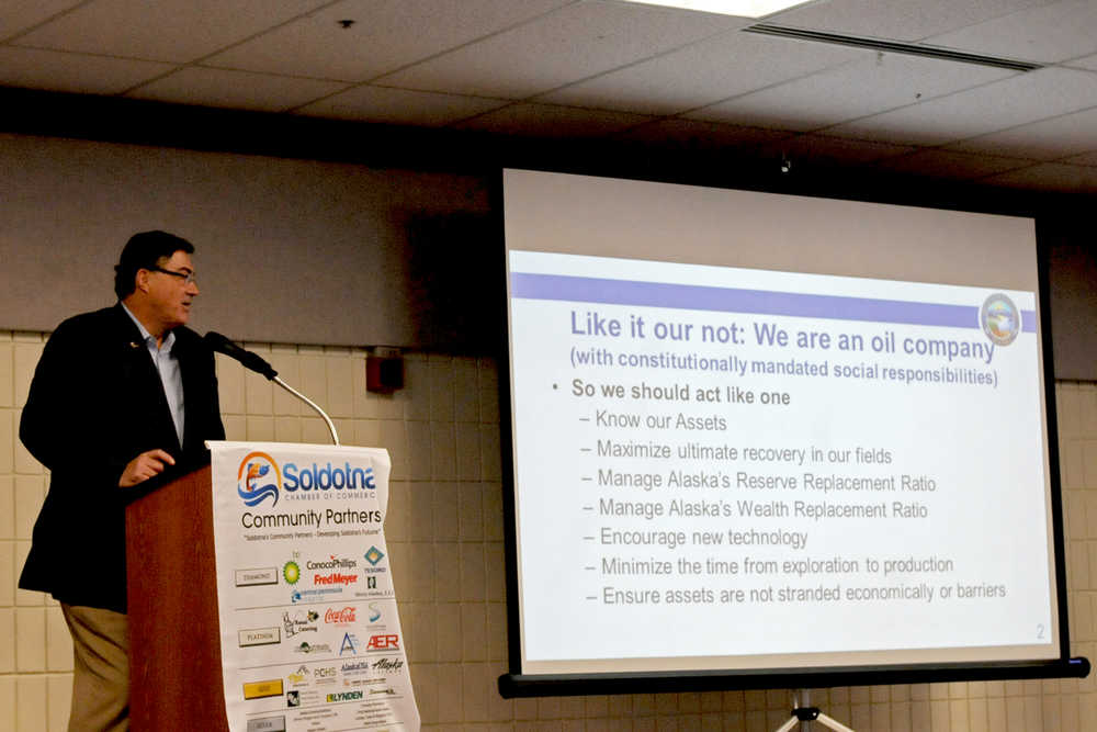 Photo by Elizabeth Earl/Peninsula Clarion John Hendrix, Gov. Bill Walker's oil and gas advisor, speaks to attendees at the joint Kenai and Soldotna chambers of commerce at the Soldotna Regional Sports Complex on Tuesday, Nov. 15, 2016 in Soldotna, Alaska.