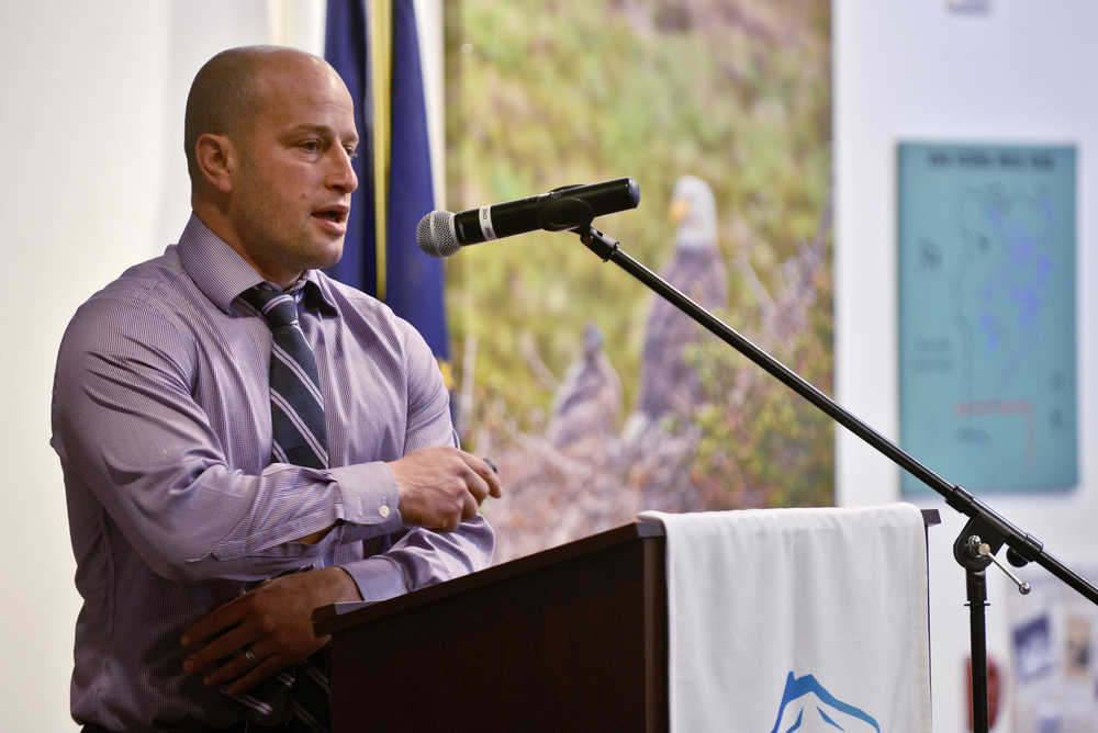 Photo by Ben Boettger/Peninsula Clarion Kenai city attorney Scott Bloom speaks to a Kenai Chamber of Commerce Luncheon crowd about the state of commercial marijuana in Kenai on Wednesday, Nov. 16 in the Kenai Chamber of Commerce and Visitor Center conferrence room.