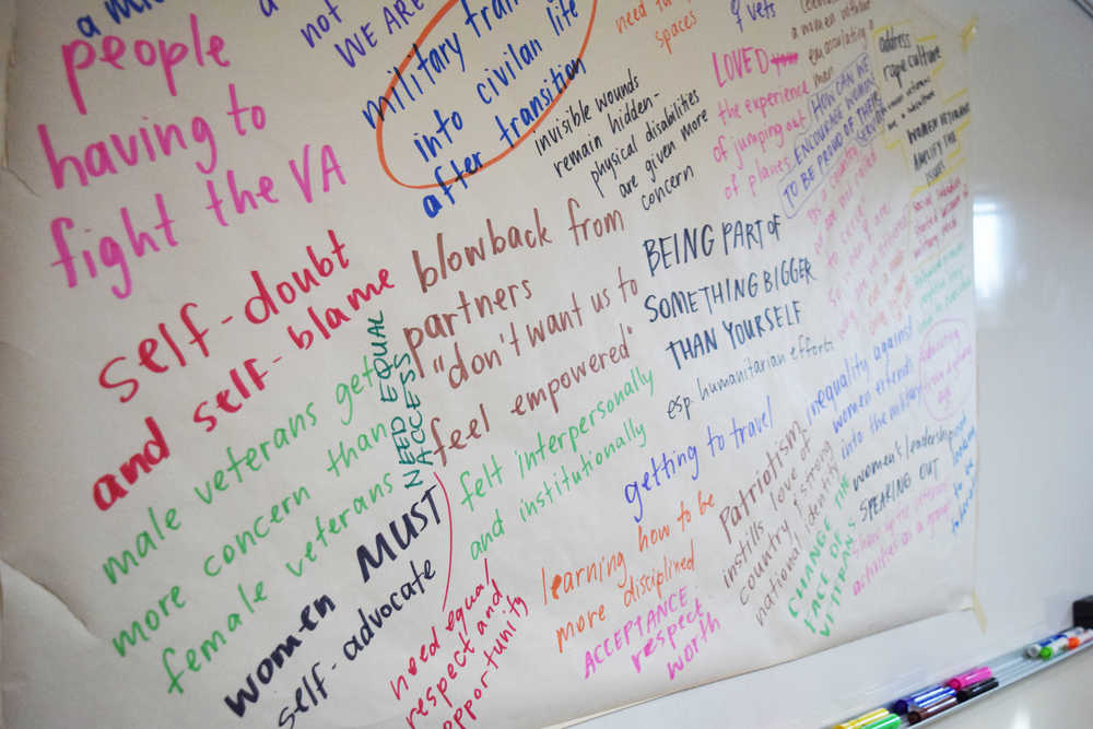 Photo by Megan Pacer/Peninsula Clarion Ideas, thoughts and feelings about being a female veteran cover a poster during a facilitated conversation held Thursday, Nov. 17, 2016 at Peninsula Community Health Services in Soldotna, Alaska. The meeting was held through the Alaska Veterans' Organization for Women, a program run through YWCA Alaska, which is based in Anchorage.