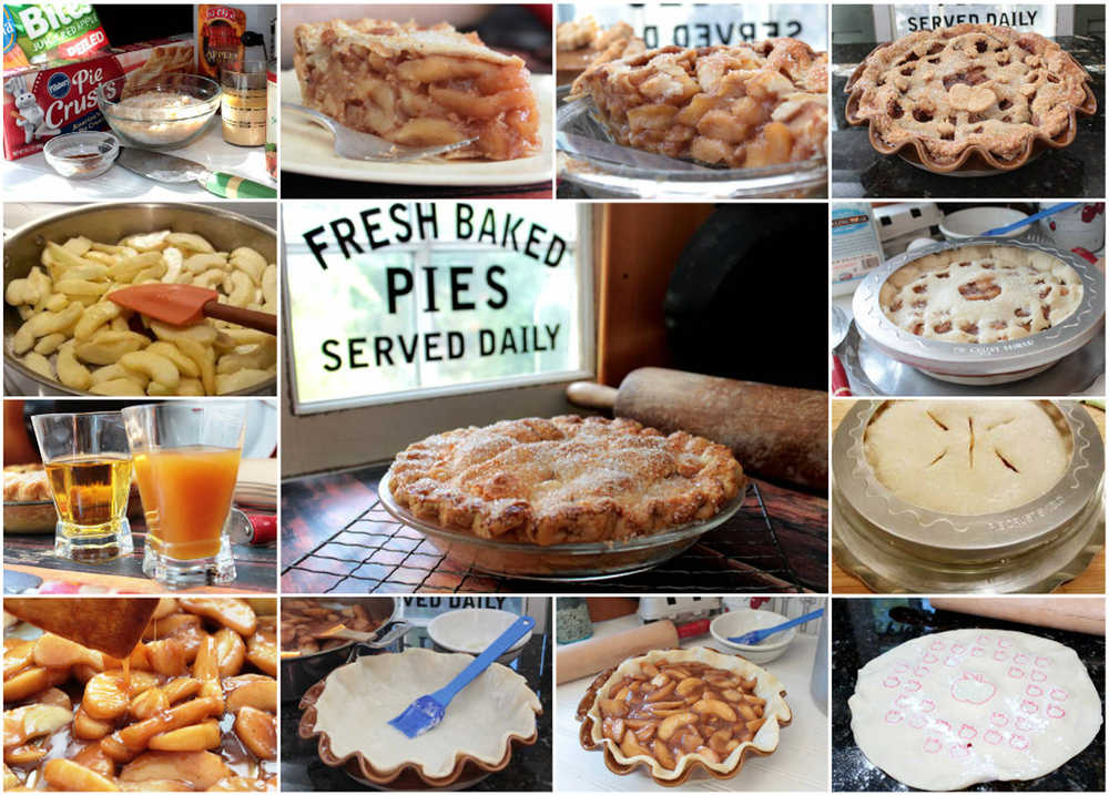 It may appear like a lot of work, but an apple pie that begins with packaged peeled and sliced apples and a store-bought fill and bake crust (upper left), eliminates most of the labor. No matter how you opt to top your apple pie, either with a lattice-cut crust or one simply vented with a few knife cuts, brushing the bottom crust with egg white helps to keep it from becoming soggy. In addition, cooking the filling  (with apple cider or juice, sugar and spices), prevents  a gap from forming between the crust and the filling. The use of a pie shield (right, center) helps keep the edges of the crust from overbrowning before the rest of the crust is baked.