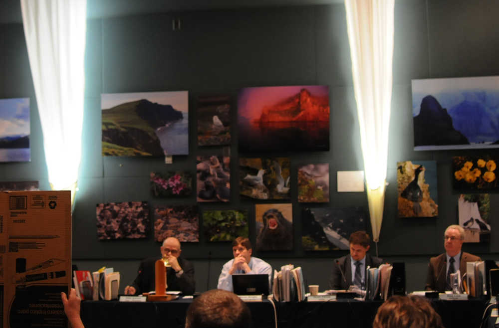 Photo by Elizabeth Earl/Peninsula Clarion Members of the Board of Fisheries listen during public testimony from members of Cook Inlet Recreational Fishermen urging them to pass some proposals liberalizing regulations on the winter marine king salmon fishery in Lower Cook Inlet during the board's meeting Wednesday, Nov. 30, 2016 at the Islands and Oceans Visitor Center in Homer, Alaska. The board is scheduled to meet Wednesday through Sunday in Homer to consider fisheries regulations affecting the Lower Cook Inlet area, which stretches from Central Cook Inlet south to include Kamishak Bay and Kachemak Bay and wraps around the peninsula to stretch to Cape Fairfield, approximately 15 miles east of Seward.