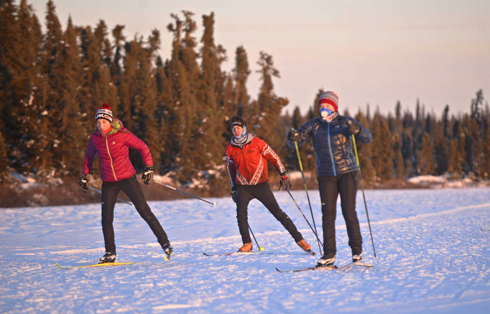 Ben Boettger/Peninsula Clarion Skiers practice on Headquarters Lake in the Kenai National Wildlife Refuge on Nov. 30, 2016 near Soldotna.