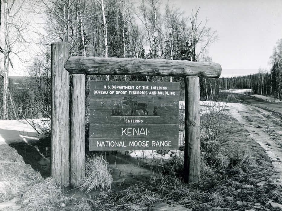 A sign on the Swanson River Road in 1970 announces entry to the Kenai National Moose Range, established 29 years earlier by President Roosevelt. (Photo courtesy Kenai National Wildlife Refuge)