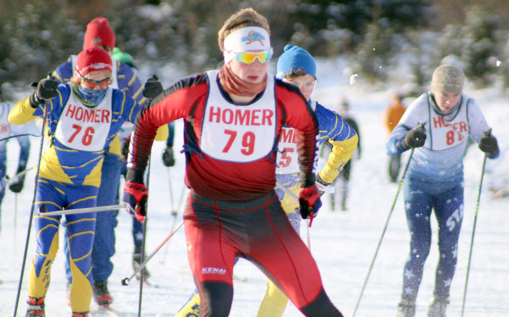 Photo by Anna Frost/Homer News Kenai Central's Karl Danielson leads a pack of skiers during the End of the Road Challenge on Saturday in Homer. Danielson finished second in the race.