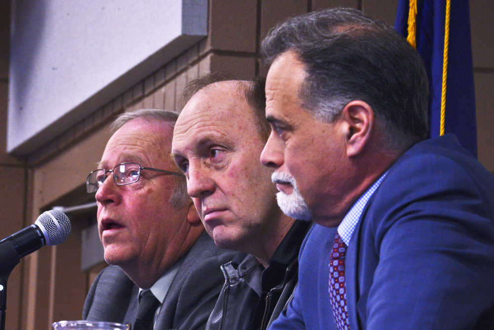 Photo by Ben Boettger/Peninsula Clarion Representative Mike Chenault (left, R-Nikiski), Rep. Gary Knopp (R-Kenai) and Senator Peter Micciche (R-Soldotna) speak to members of the Kenai and Soldotna Chambers of Commerce about the upcoming state legislative session on Tuesday, Dec. 13 at the Soldotna Regional Sports Complex.