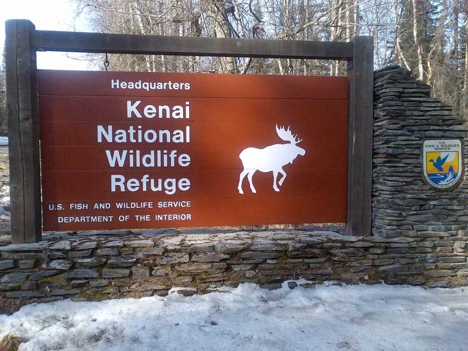 A sign on Ski Hill Road announces entry to the Kenai National Wildlife Refuge, so named in 1980 with passage of the Alaska National Interest Lands Conservation Act. (Photo courtesy Kenai National Wildlife Refuge)