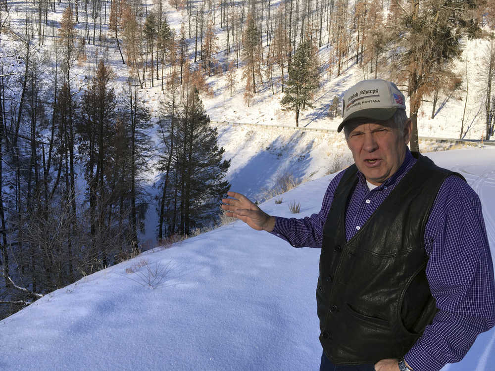 In this Dec. 7, 2016 photo, Jim Sproul, a member of the dissolved Grant County Public Forest Commission, gestures while visiting Malheur National Forest near John Day, Ore. The armed takeover of the Malheur National Wildlife Refuge headquarters caused a sensation and global headlines, but a quieter and perhaps more important struggle is being waged by those trying to use the levers of power, and not firearms. (AP Photo/Andrew Selsky)