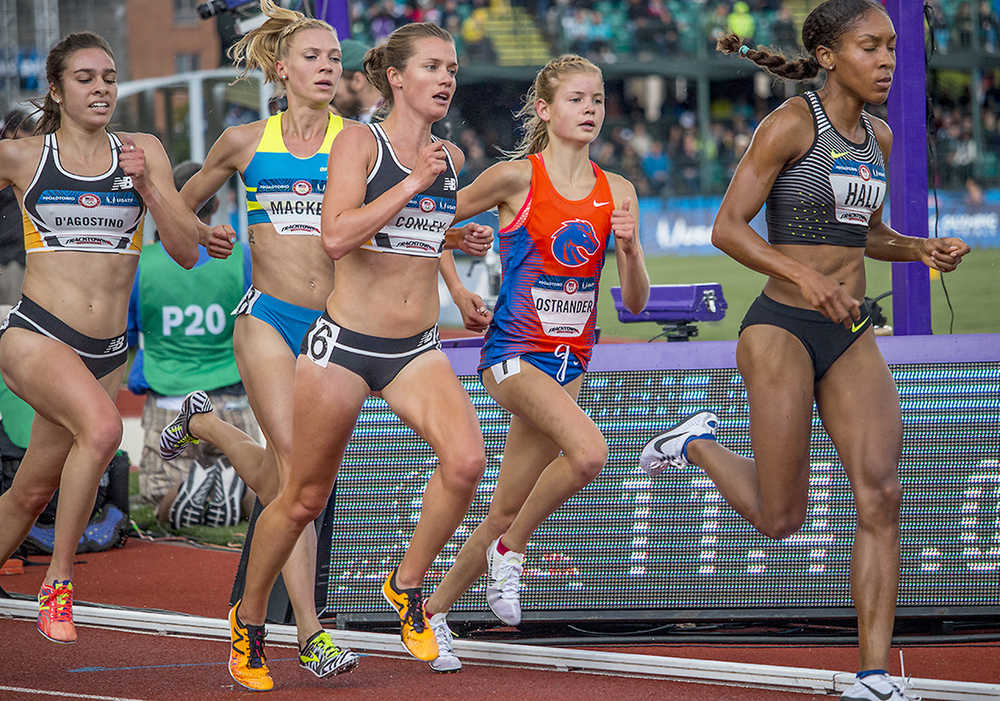 Photo by Katie Pietzold Soldotna runner Allie Ostrander (second from right) jockeys for position in a pack of racers July 10 in the women's 5,000-meter Olympic qualifying trials final in Eugene, Oregon. Ostrander finished eighth with a time of 15 minutes, 24.74 seconds, ending her bid to make the Rio Olympics.