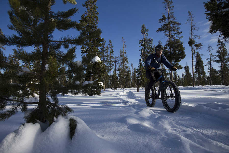 In this Jan. 2, 2016 photo, Adam Holt, of Bend, rides a fat bike on one of the groomed singletrack trails at Wanoga Sno-park in Bend, Ore. For those who just refuse to stop mountain biking, even when most Central Oregon singletrack is covered in snow - fatbikes are an option.  (Joe Kline/The Bulletin via AP)