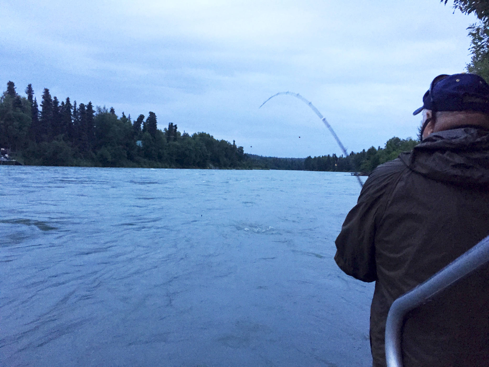 Paul Coleman of Florida angles a sockey salmon he hooked on the Kenai River on Wednesday, July 25, 2018 in Soldotna, Alaska. Coleman said he and his wife have come to the Kenai Peninsula 11 times from the Lower 48, forging a longtime friendship with a Soldotna couple. (Photo by Elizabeth Earl/Peninsula Clarion)