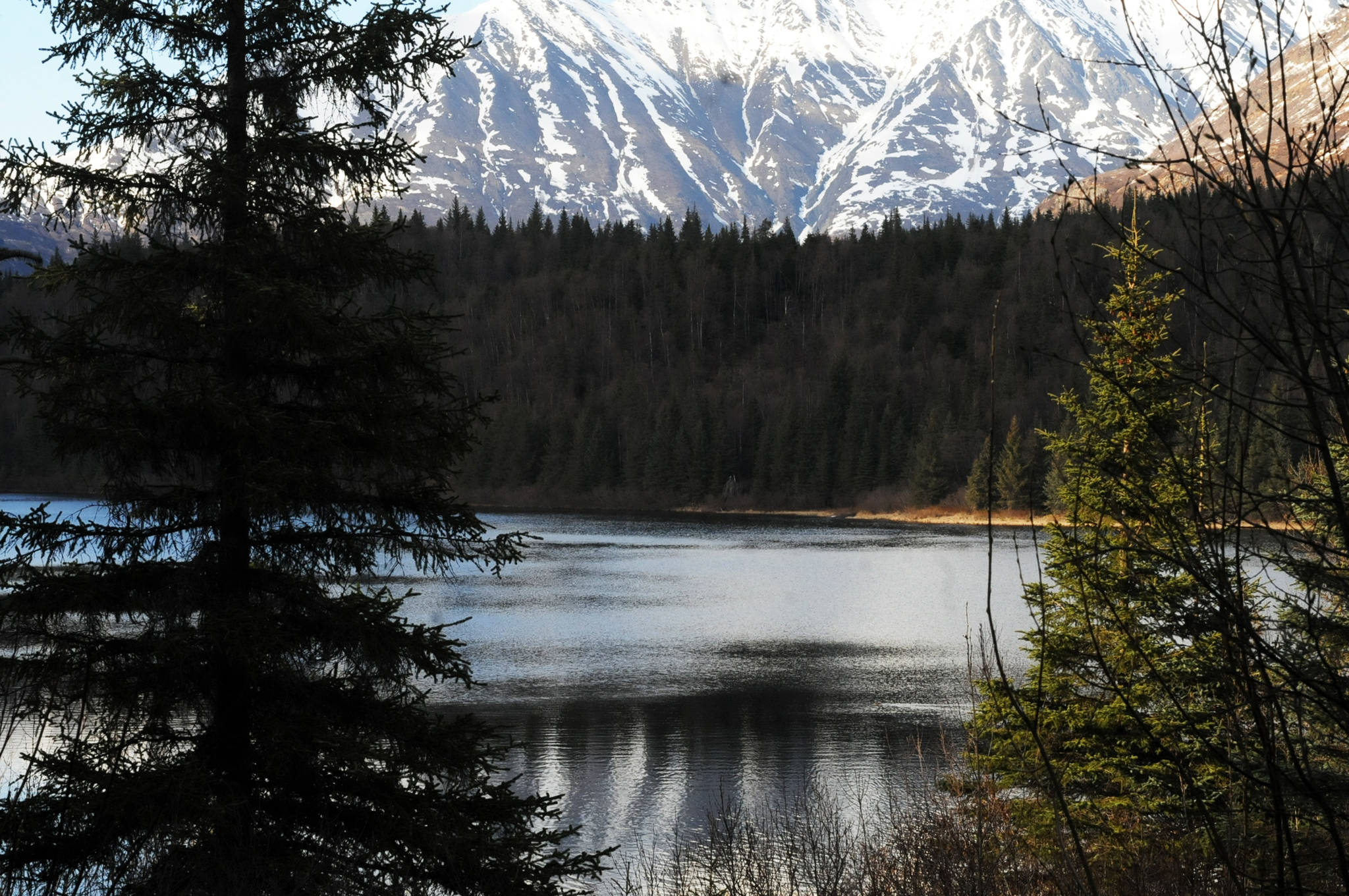 In this May 13, 2017 photo, the snowy Chugach Mountains stand over Vagt Lake near Moose Pass, Alaska. (Photo by Elizabeth Earl/Peninsula Clarion, file)