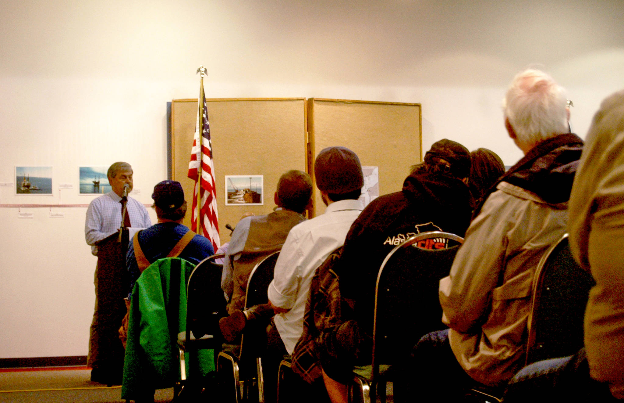 Alaska Department of Public Safety Commissioner Walt Monegan addresses a crowd gathered at a town hall meeting on crime at the Kenai Visitors and Cultural Center on Aug. 6, 2018 in Kenai, Alaska. (Photo by Elizabeth Earl/Peninsula Clarion)