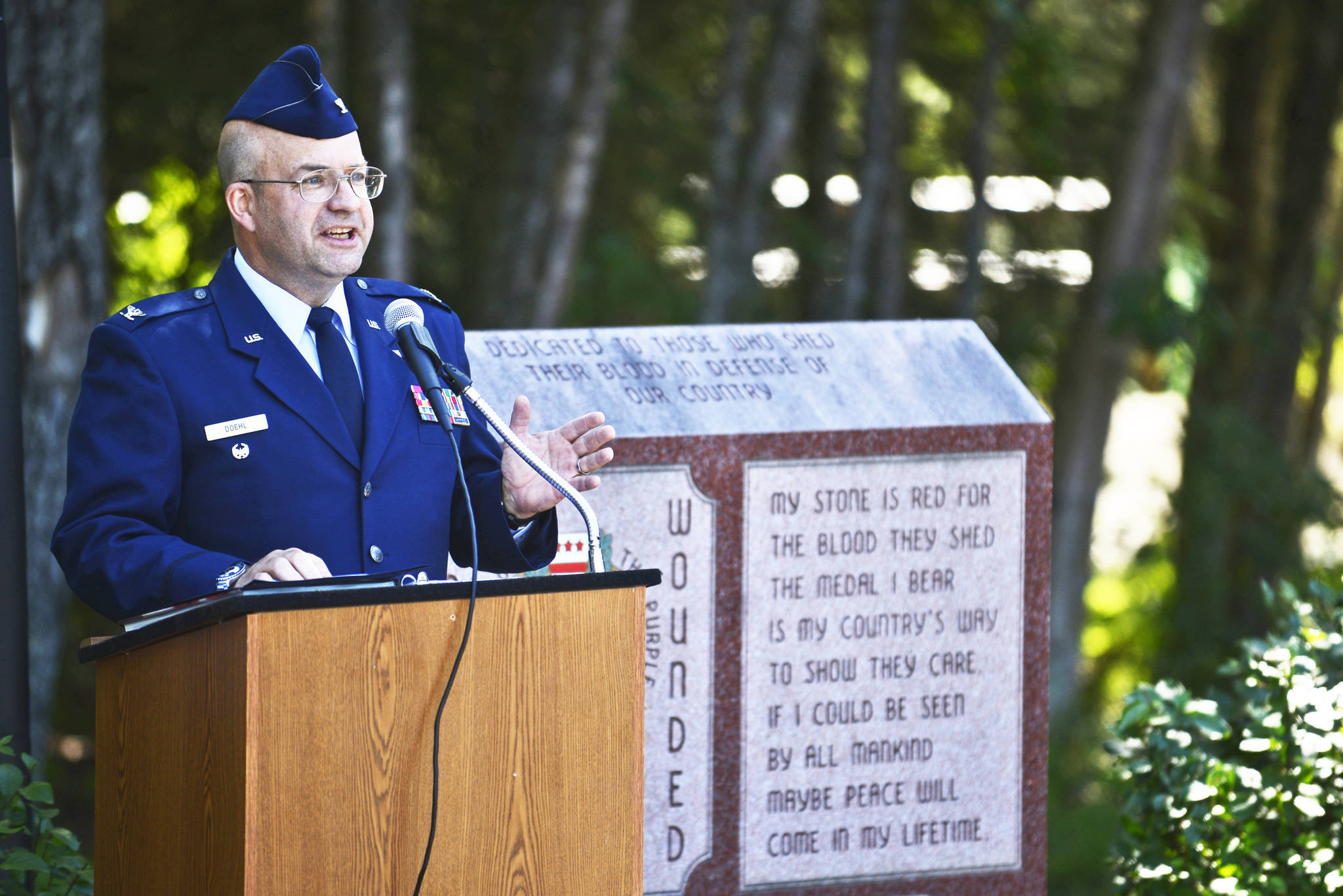 Retired Colonel Bob Doehl, Deputy Commissioner of the Alaska Department of Military and Veterans’ Affairs, speaks in front of the wounded veterans’ memorial in Soldotna Creek Park during a ceremony organized by the Order of the Purple Heart’s Chapter 830 on Tuesday, August 7, 2018 in Soldotna, Alaska. In 2010 the Alaska Legislature designated August 7 as Purple Heart Day in recognition of wounded military veterans. (Ben Boettger/Peninsula Clarion)