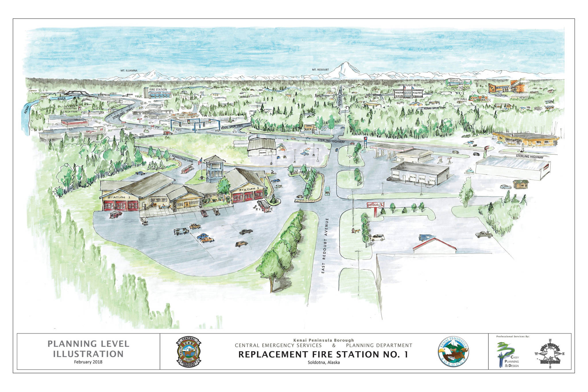 This concept drawing shows the proposed new location for Central Emergency Services’ Station 1 on East Redoubt Road in Soldotna, Alaska. Central Emergency Services, the main emergency medical and fire service provider for the central Kenai Peninsula communities of Sterling, Kasilof, Kalifornsky, Soldotna and Funny River, is exploring options to move its central station from its current home on Binkley Street near the intersection with the Sterling Highway to provide more room and an updated facility. (Courtesy the Kenai Peninsula Borough)