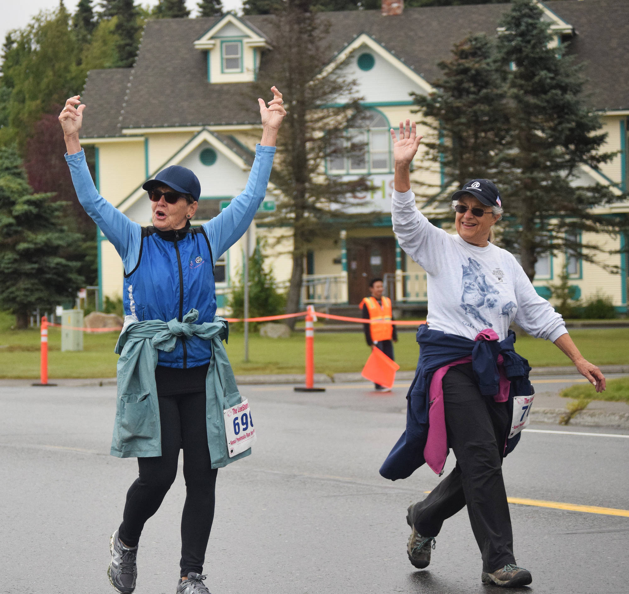 Mary Armstrong (left) and Barb Beeman approach the finish line of the women’s 5K race Saturday morning in the 31st annual LeeShore Center Run for Women in Kenai. (Photo by Joey Klecka/Peninsula Clarion)