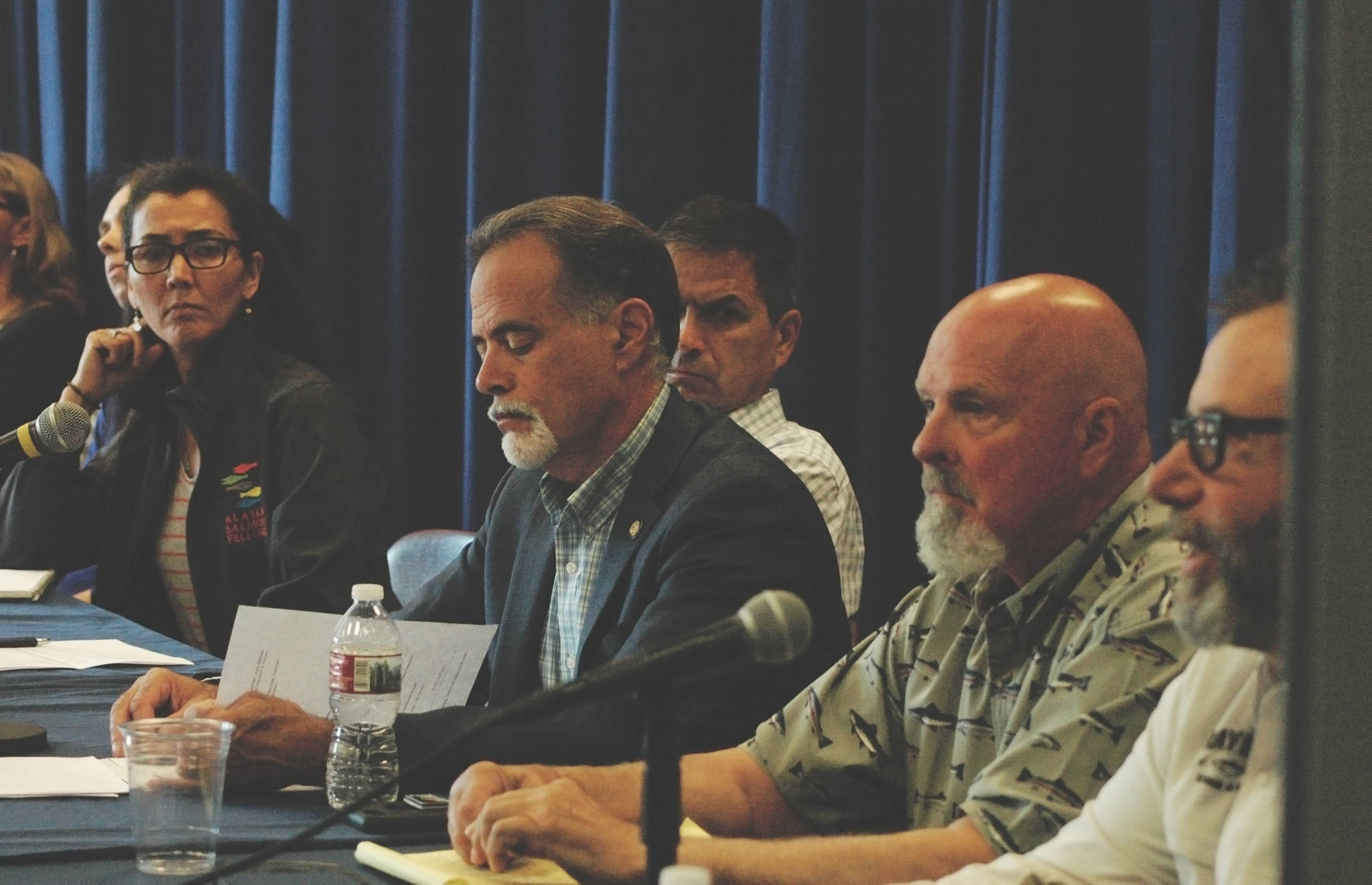 (From left) Alaska Salmon Fellows Mary Sattler Peltola and Ben Stevens, Sen. Peter Micciche (R-Soldotna) and Cook Inlet east side setnetter Ken Coleman listen as North Pacific Fishery Management Council member and charter captain Andy Mezirow talks during a panel at the Kenai River Sportfishing Association’s Classic Roundtable event on Wednesday, Aug. 22, 2018 in Soldotna, Alaska. (Photo by Elizabeth Earl/Peninsula Clarion)