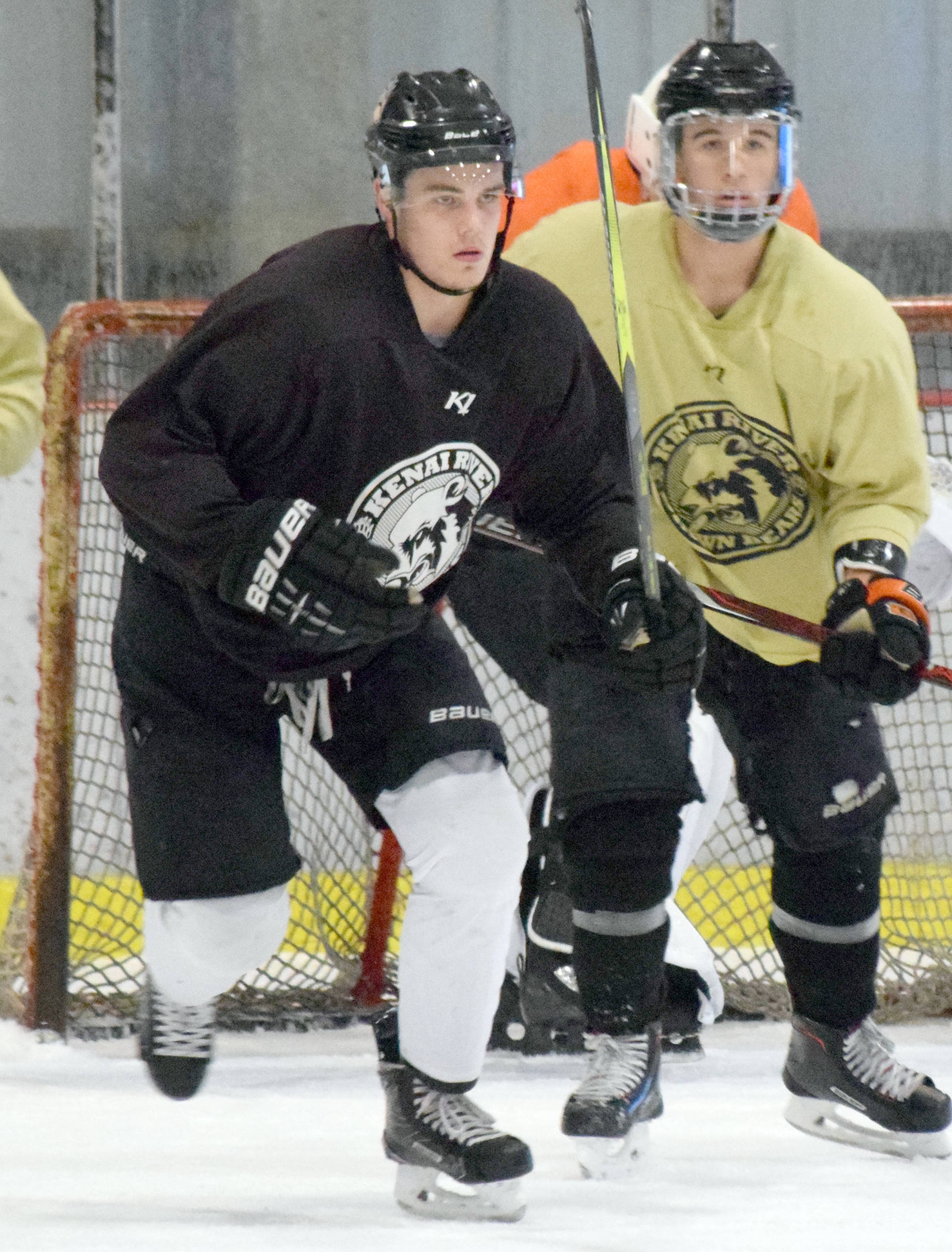 Kenai River Brown Bears co-captain Preston Weeks, of Soldotna, skates up the ice Monday, Aug. 27, 2018, at the Kenai Multi-Purpose Facility during the first day of training camp. (Photo by Jeff Helminiak/Peninsula Clarion)