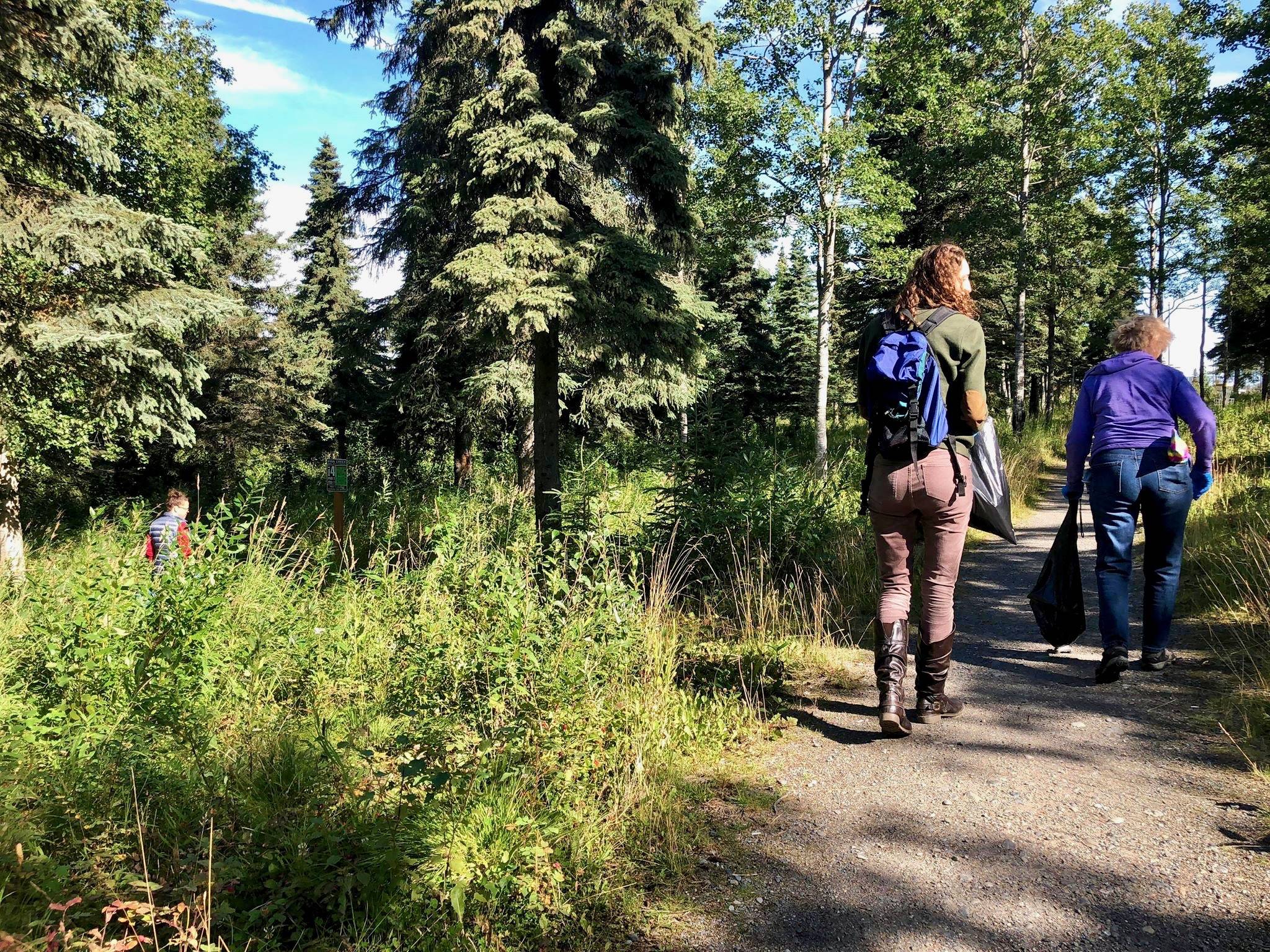 Carol Bannock, Elizabeth Appleby, and Karolee Hansen scour for trash along Ryan’s Creek Trai on Thursday, Aug. 29, 2018, in Kenai, Alaska. (Photo by Victoria Petersen/Peninsula Clarion)