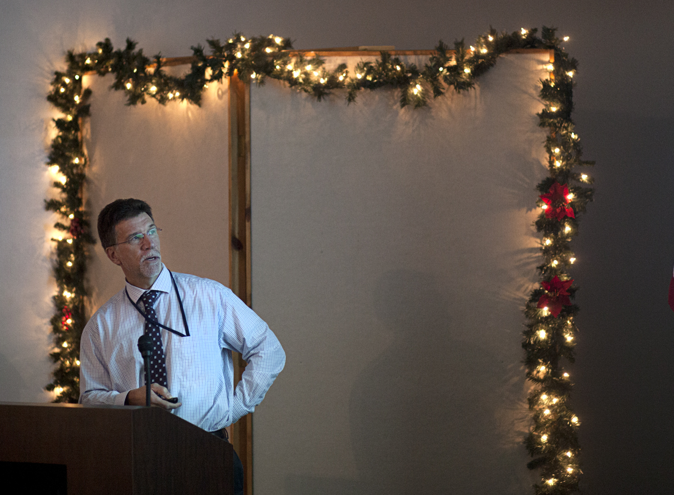 In this Nov. 20, 2013 file photo Kenai Peninsula Borough School District Superintendent Steve Atwater gives a presentation about the state of the school district to a Kenai Chamber of Commerce.  Atwater announced his resignation during a Monday August 4, 2014 Kenai Peninsula Borough Board of Education meeting.