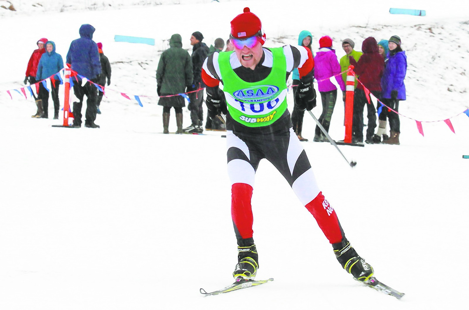 Kenai's James Butler works hard on the second leg of Saturday's boys 4-by-5K relay at Kincaid Park in Anchorage.