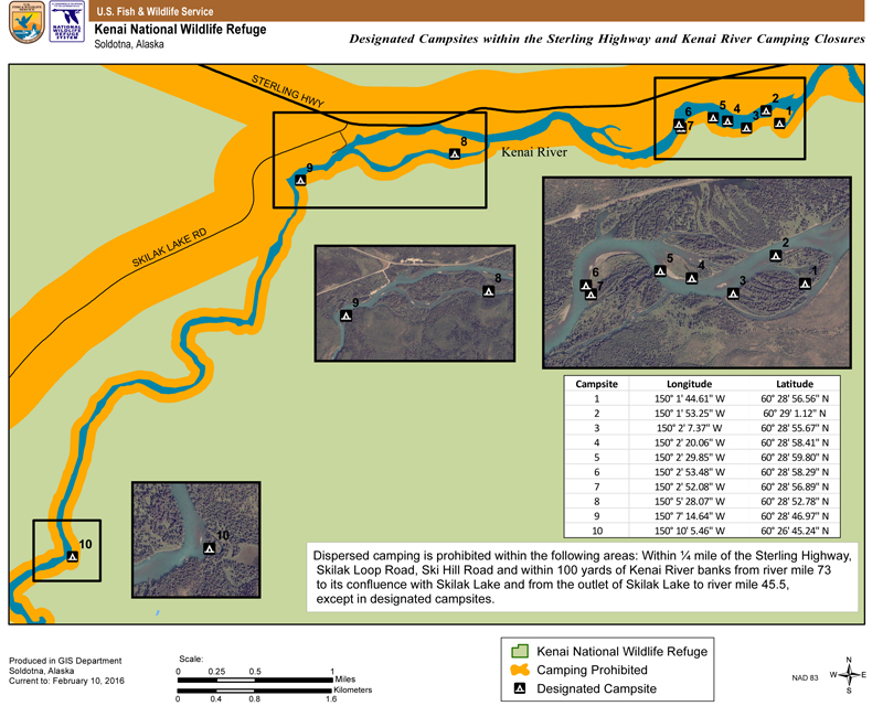 This map shows where the 10 designated campgrounds are on the upper Kenai River in the Kenai National Wildlife Refuge.