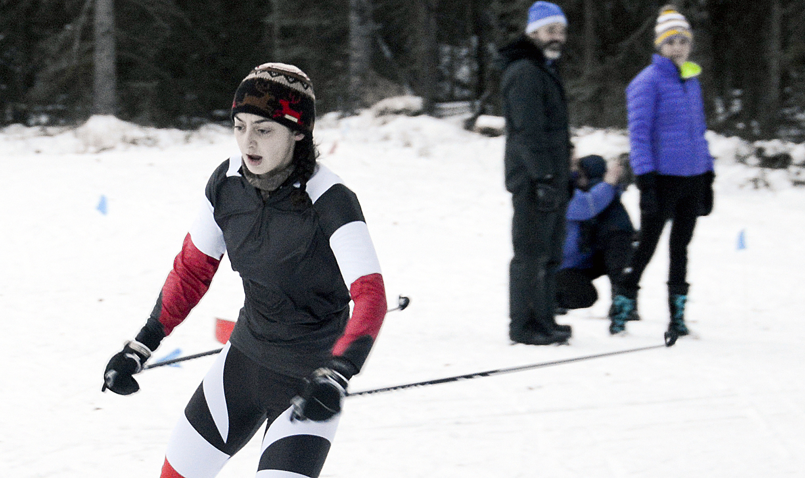 Mikaela Salzeti finishes second in the women's race with a time of 15:39 during the Candy Cane Scramble on the Tsalteshi Trails in Soldotna, Alaska.