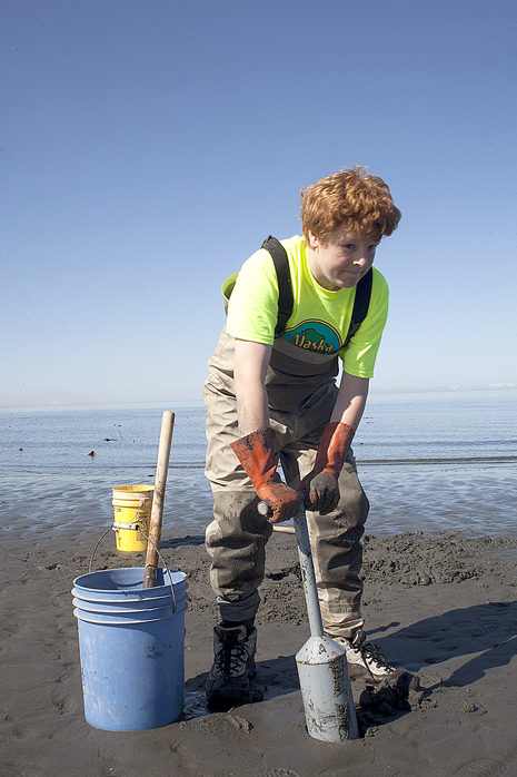 In this May 18, 2014 file photo Ted Nichols, 12, of Chugiak, goes digging for clams at the Whiskey Gulch beach access in Anchor Point, Alaska. Alaska's Board of Fisheries took up several proposed regulatory changes to Cook Inlet razor clam fisheries.