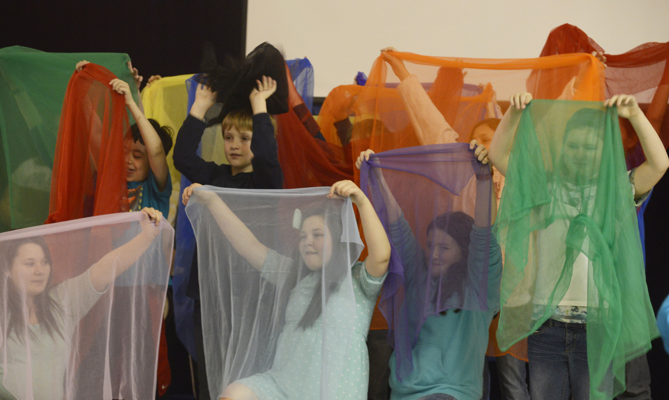 Students in Cindy Hurst's class give a theatrical presentation to demonstrate what "Kaleidoscope is," on Wednesday, Nov. 25, 2015 at Kaleidoscope School of Arts and Sciences in Kenai, Alaska. The school celebrated being selected as a 2015 National Blue Ribbon School.