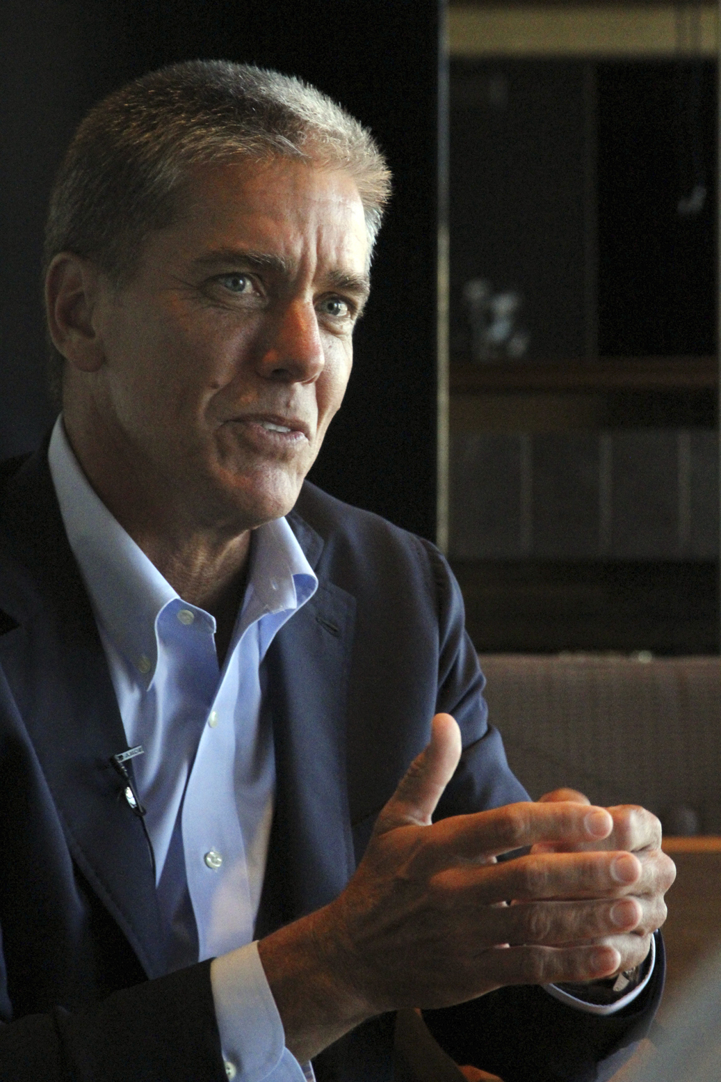 Shell Oil Co. President Marvin Odum gestures while speaking to The Associated Press on Tuesday, Sept. 2, 2015, in Anchorage, Alaska. He says exploratory drilling is going well in the Arctic Ocean despite stormy weather last week that caused the company to halt operations for a few days.