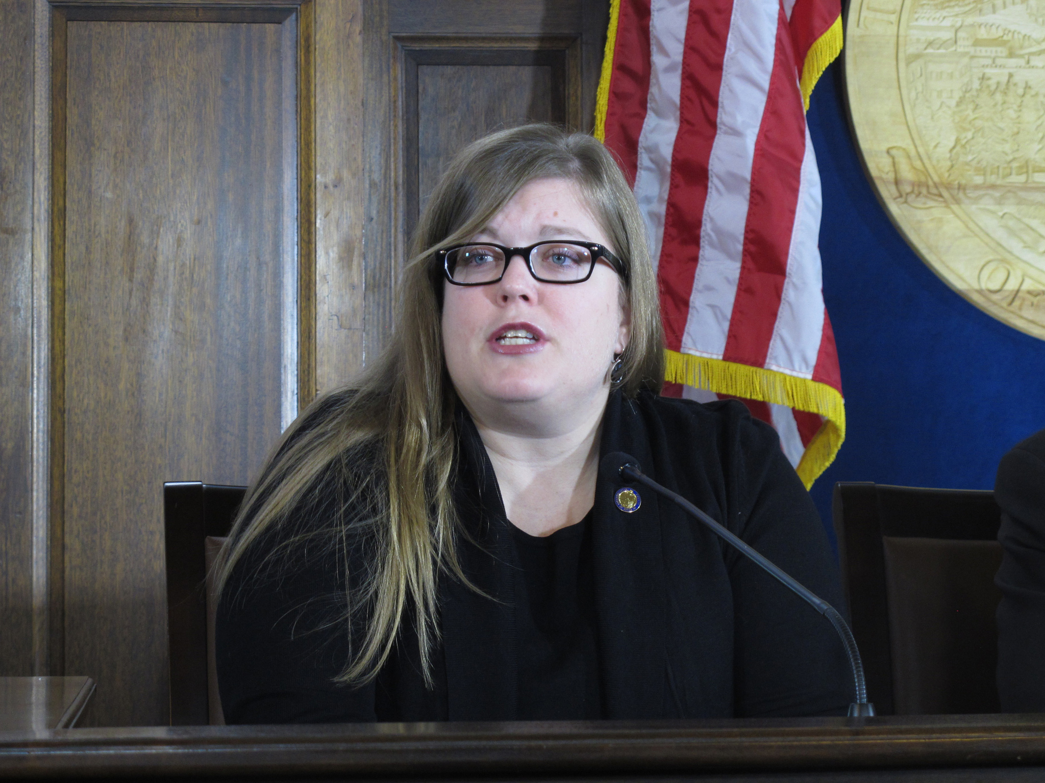 Alaska state Rep. Geran Tarr speaks to reporters during the House majority’s weekly news conference on Tuesday, Jan. 24, 2017, in Juneau, Alaska. Tarr has introduced legislation that seeks to temporarily bar access to guns by people deemed by a judge to be a danger to themselves or others. (AP Photo/Becky Bohrer)