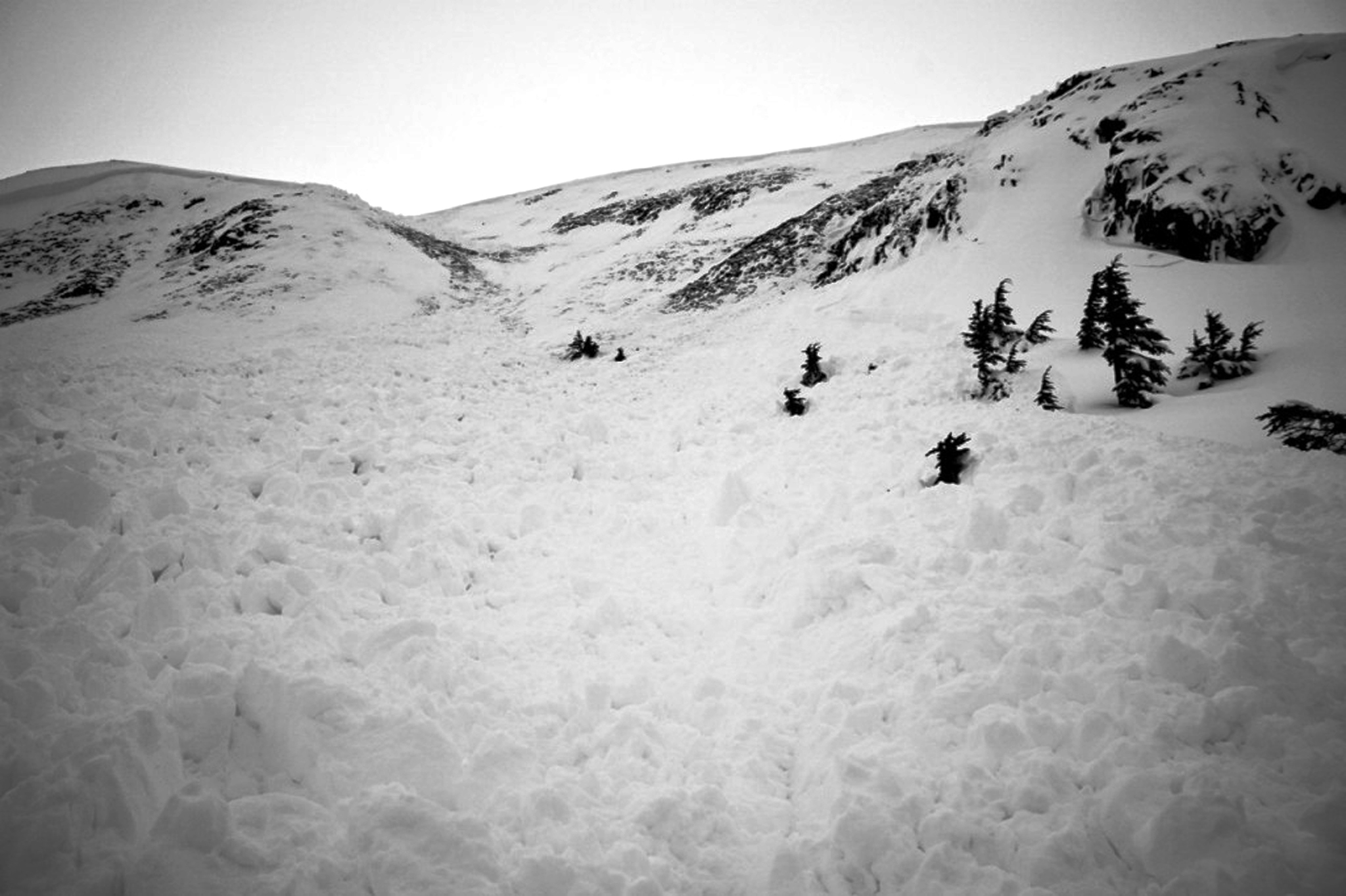 This Sunday, Jan. 29, 2017 photo, taken near Cooper Landing, Alaska, shows the slide path of an avalanche from a mid-slope bench in the Chugach National Forest where two snowmachiners were likely caught in the slide Saturday. The avalanche, which the snowmachiners triggered, left one man dead, though rescuers were able to free the other. (Photo courtesy Wendy Wagner/Chugach National Forest Avalanche Information Center)