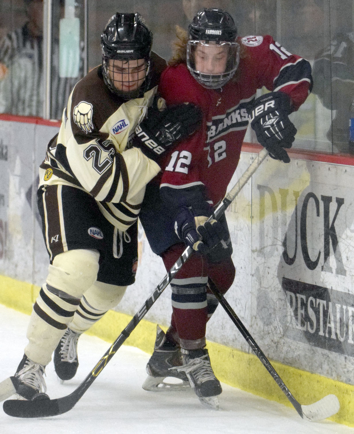 Kenai River Brown Bears defenseman Preston Weeks and Fairbanks Ice Dogs forward Cayden Cahill battle behind the net Thursday, Feb. 2, 2017, at the Soldotna Regional Sports Complex. (Photo by Jeff Helminak/Peninsula Clarion)