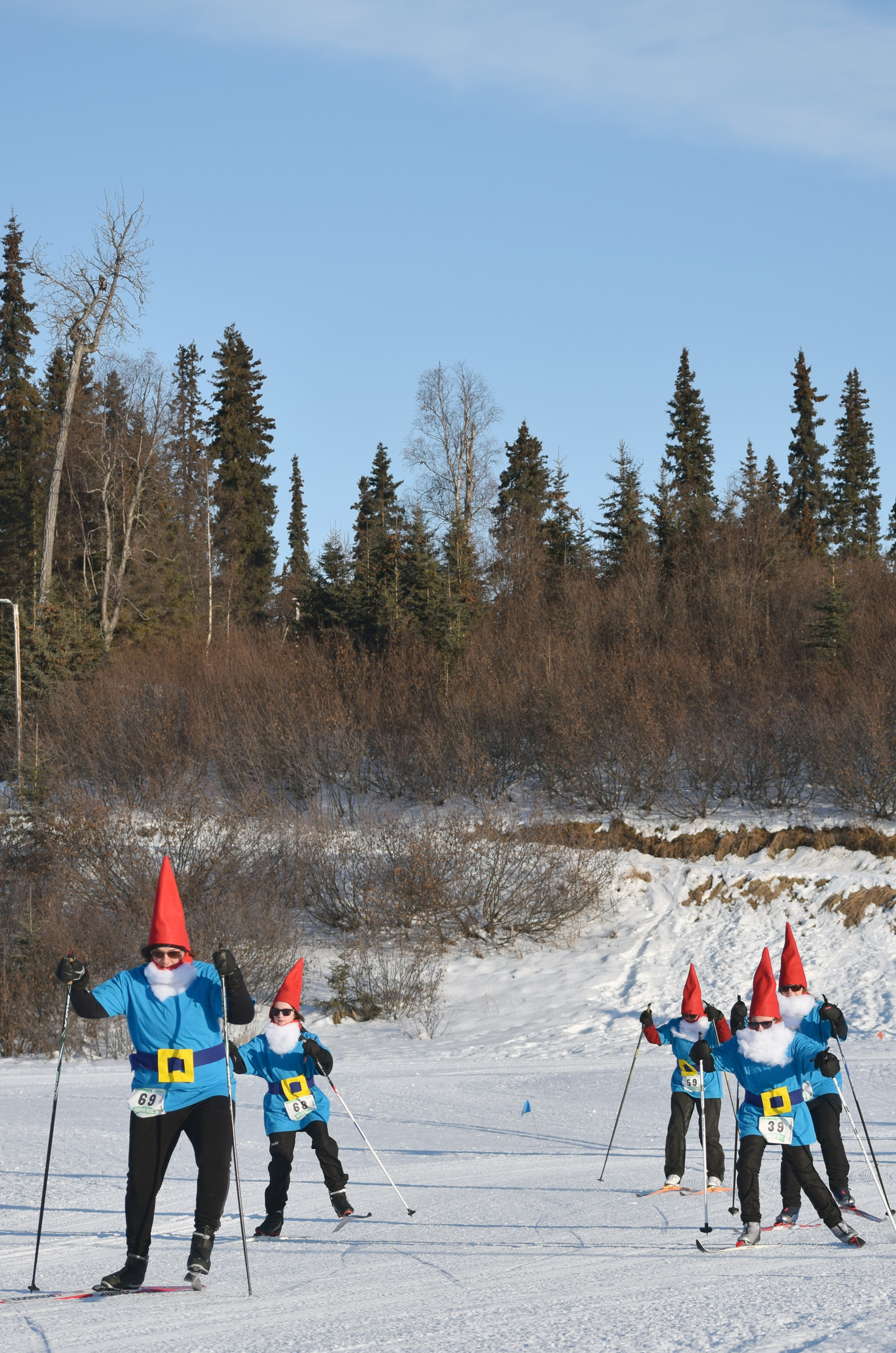 From left to right, Amanda Taylor, Kate Harris, Jane Adkins, Madison McDonald and Dana McDonald ski as yard gnomes in the Ski For Women Sunday at Tsalteshi Trails. (Photo by Jeff Helminiak/Peninsula Clarion)