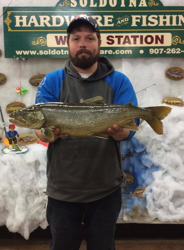 Jimmie Miller and Jeremy Malloy are tied for the lead in the Trustworthy Hardware and Fishing ice fishing derby with 7.66-pound Lake Trout. The derby continues through the end of the month.